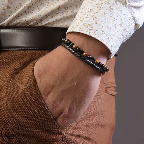 Bracelet Homme "Protection & Confiance" en Œil de tigre & Onyx cuir Tressé