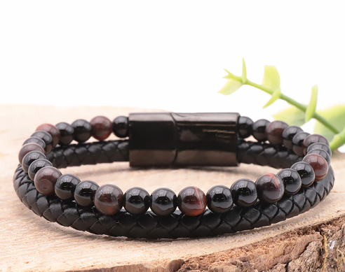 Bracelet Homme « Courage & Force » en Œil de Taureau & Onyx cuir Tressé