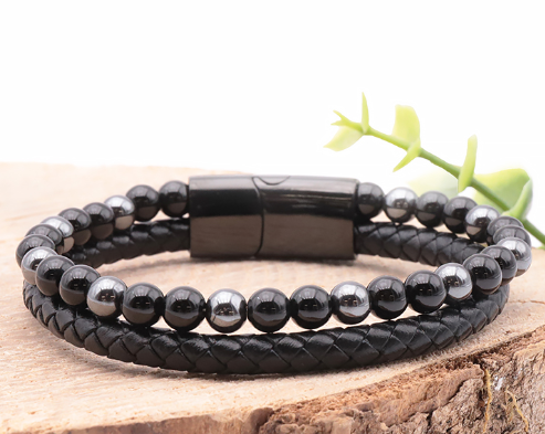 Bracelet Homme « Protection & Ancrage » en Hématite & Onyx cuir Tressé