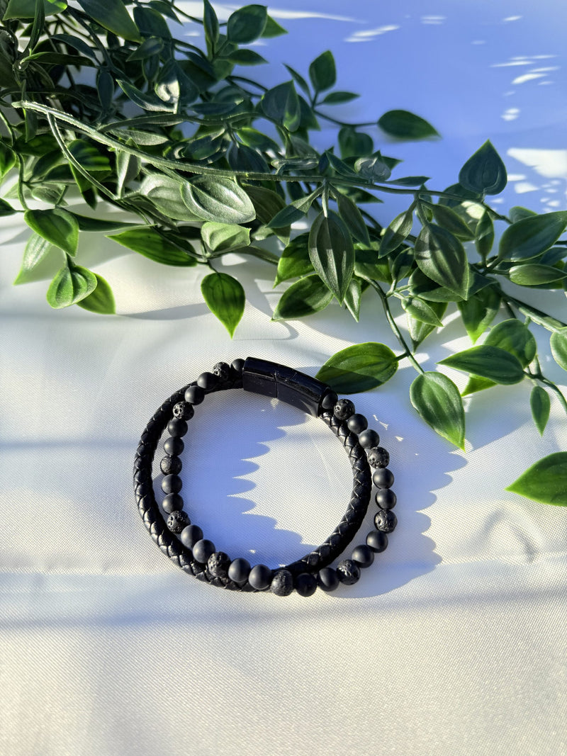Bracelet Homme « reconstruction & Force » en Pierre de lave & Shungite cuir Tressé