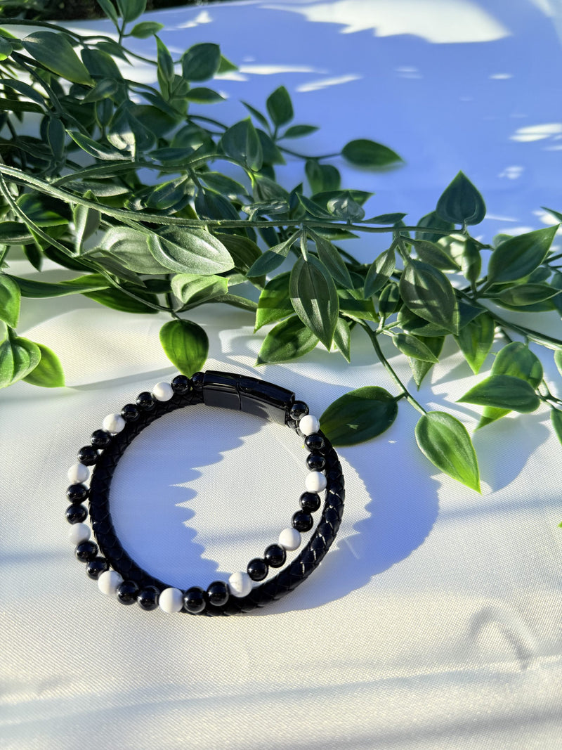 Bracelet Homme "Protection & Force" en Howlite & Onyx cuir Tressé