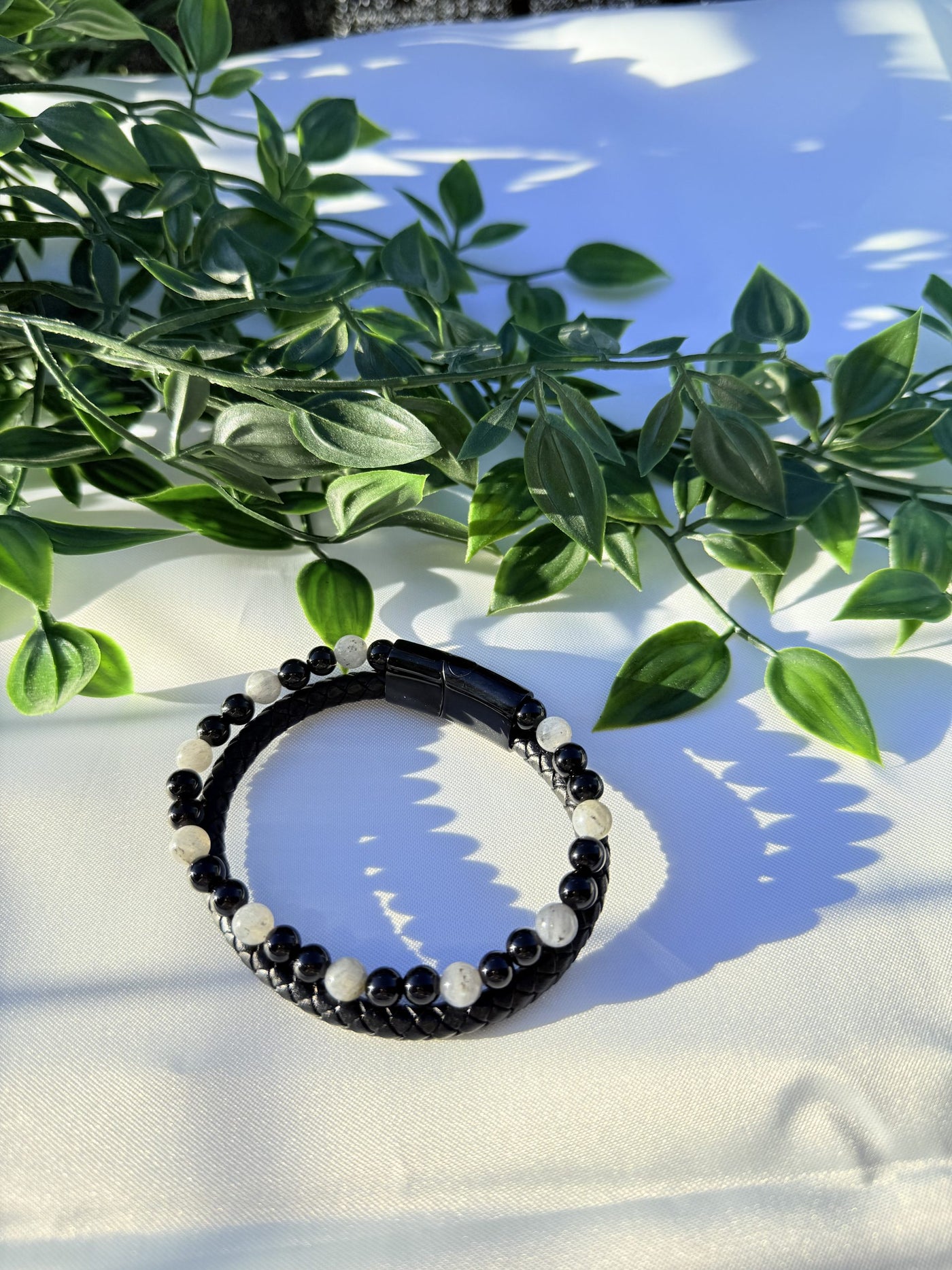 Bracelet Homme « Stabilité & Ancrage » en Labradorite & Onyx cuir Tressé