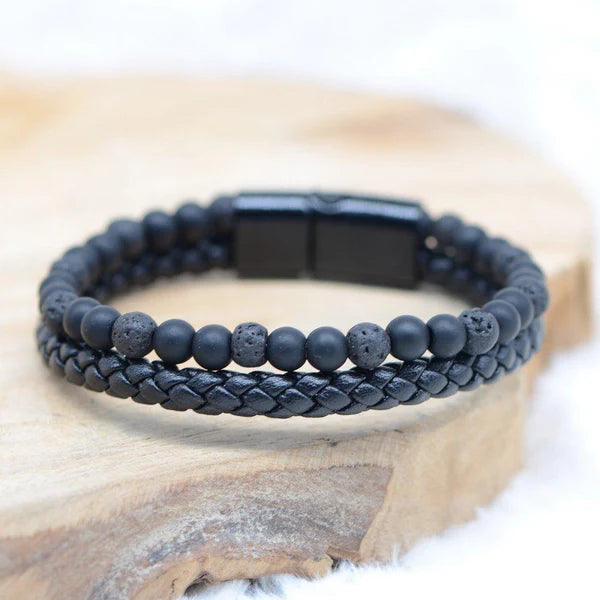 Bracelet Homme « reconstruction & Force » en Pierre de lave & Shungite cuir Tressé