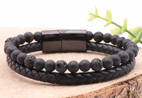 Bracelet Homme « reconstruction & Force » en Pierre de lave & Shungite cuir Tressé