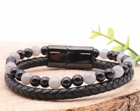 Bracelet Homme « Stabilité & Ancrage » en Labradorite & Onyx cuir Tressé