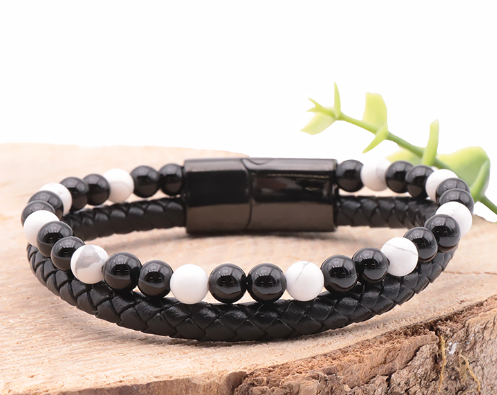Bracelet Homme "Protection & Force" en Howlite & Onyx cuir Tressé