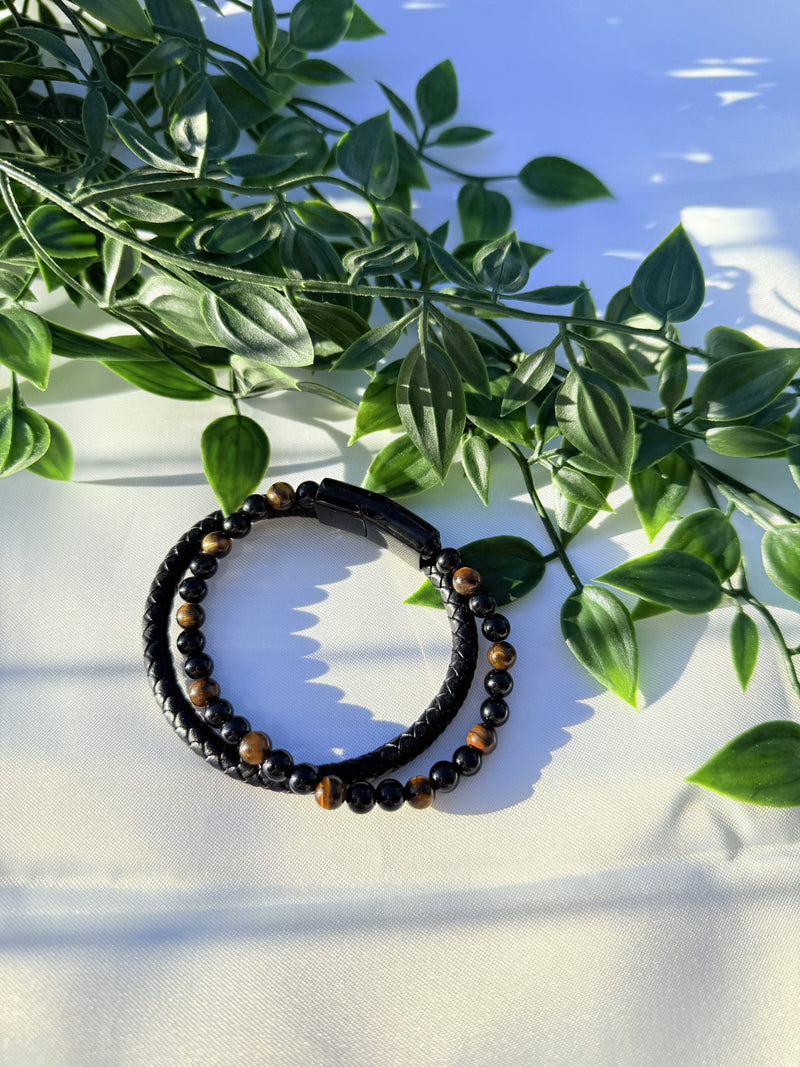 Bracelet Homme "Protection & Confiance" en Œil de tigre & Onyx cuir Tressé