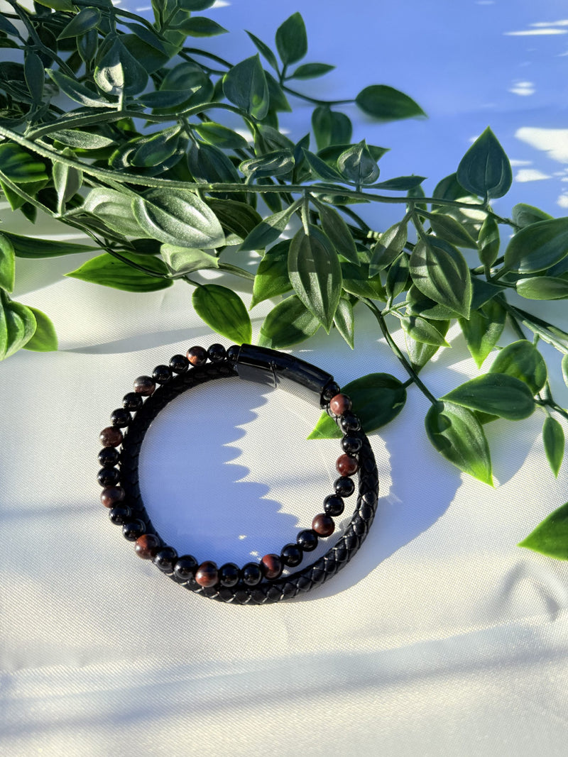 Bracelet Homme « Courage & Force » en Œil de Taureau & Onyx cuir Tressé