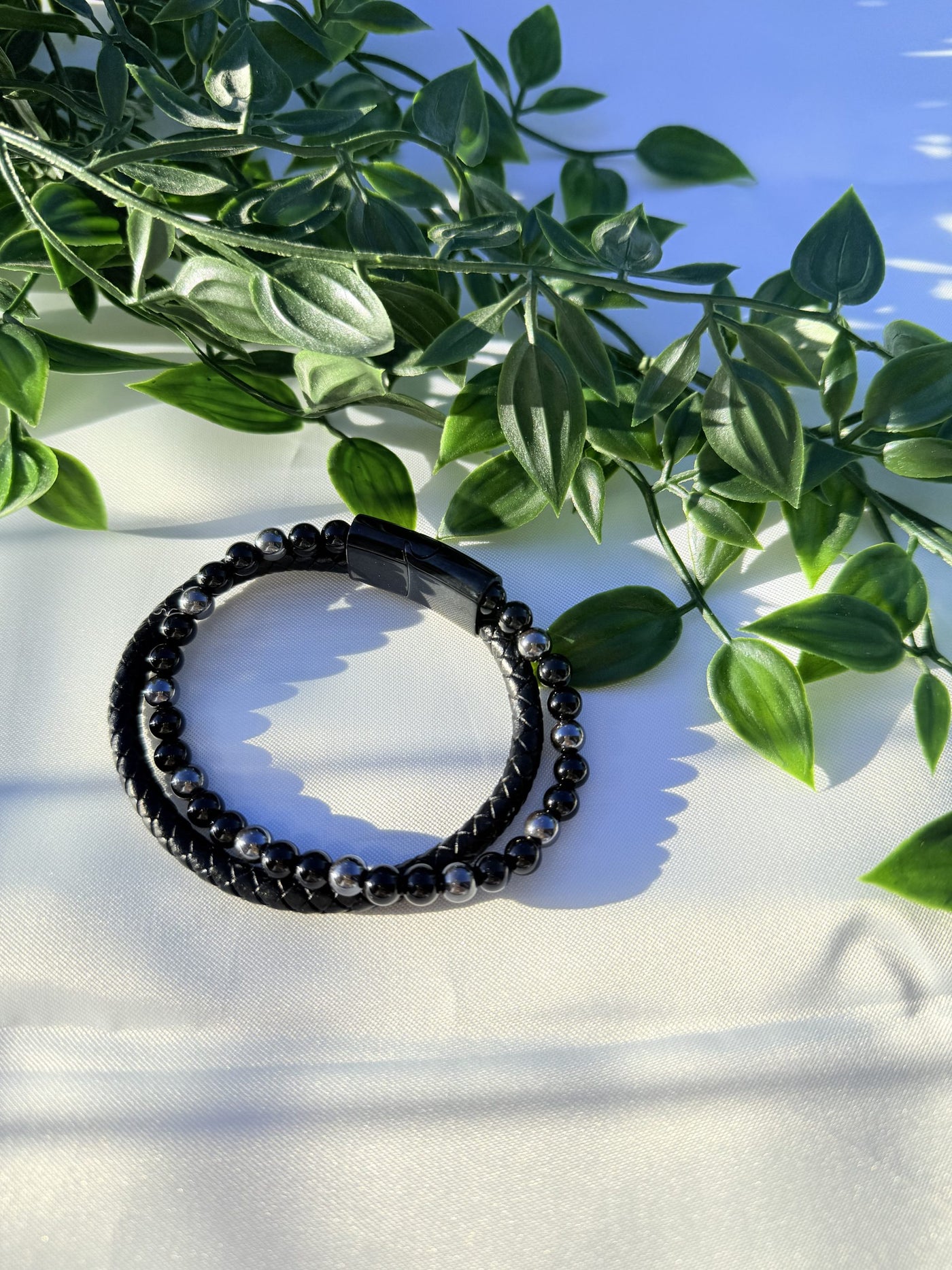Bracelet Homme « Protection & Ancrage » en Hématite & Onyx cuir Tressé
