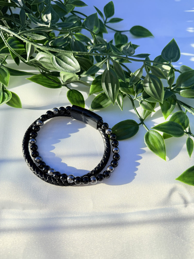 Bracelet Homme « Protection & Ancrage » en Hématite & Onyx cuir Tressé