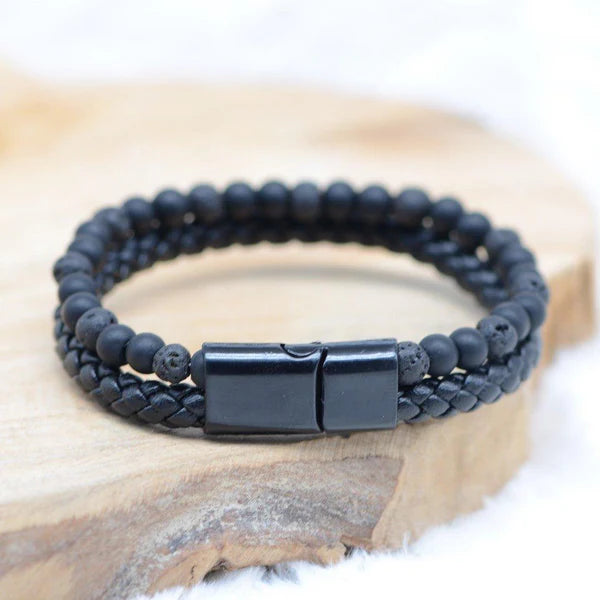 Bracelet Homme « reconstruction & Force » en Pierre de lave & Shungite cuir Tressé